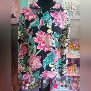 Patagonia Black Floral Synchilla Pullover with Pink & Teal Flowers